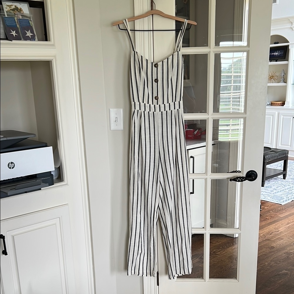 Altar'd State Black and White Striped Jumpsuit with Flowing Palazzo Style